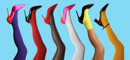 Collage with photos of women showing fashionable collections of stylish shoes, tights and socks on cyan background , closeup view of legs. banner designの写真素材