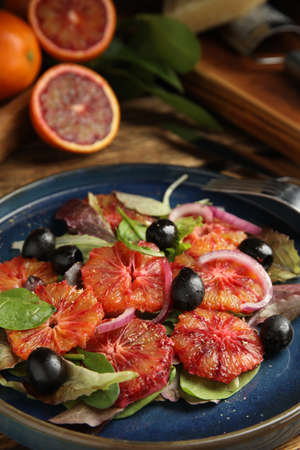 Plate of delicious sicilian orange salad on table, closeup. Space for textの写真素材