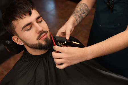 Professional hairdresser working with bearded client in barbershop, closeupの写真素材