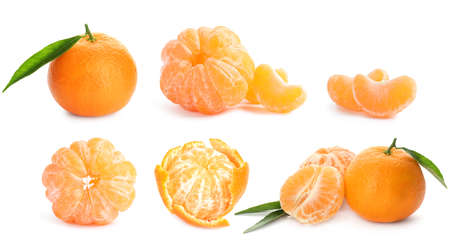 Set with tasty ripe tangerines on white backgroundの写真素材