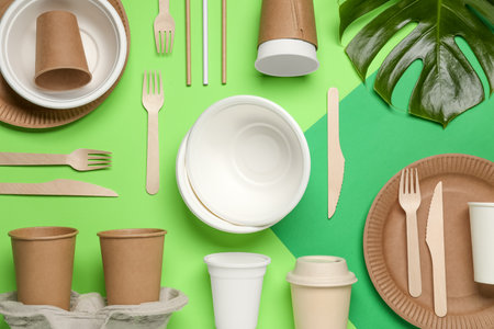 Flat lay composition with disposable tableware on green background