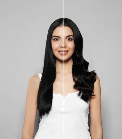 Collage with photos of woman with straight and curly hair on light gray background