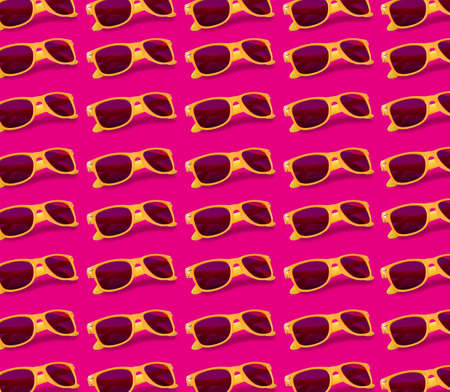 Many stylish sunglasses on pink background. Seamless pattern design