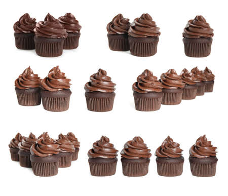 Set of colorful birthday cupcakes on white backgroundの写真素材