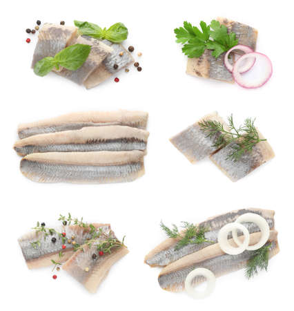 Set with delicious salted herring fillets on white background, top viewの写真素材