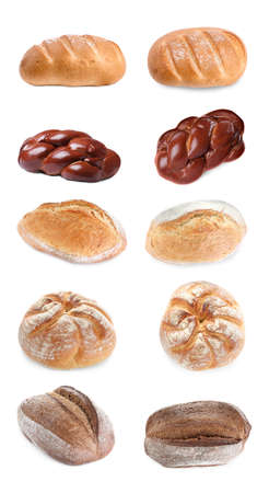 Collage with different bread on white background