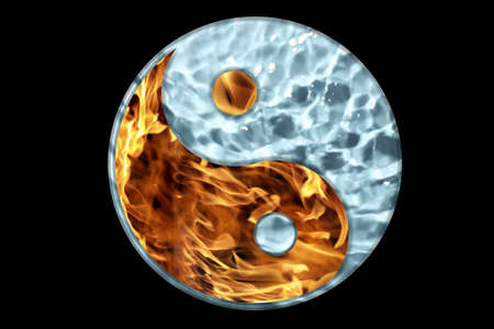 Fire and water resembling Yin Yang symbol on black background. Feng Shui philosophyの写真素材