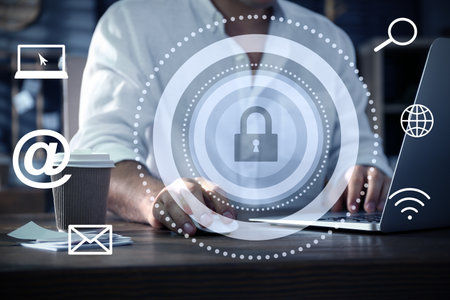 Cyber security concept. Illustration of different virtual icons and man working with laptop at...