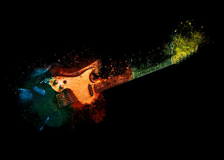 Bright colorful design with electric guitar on black background. rock music conceptの写真素材