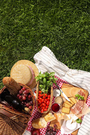 Picnic blanket with different products on green grass, top view. Space for textの写真素材