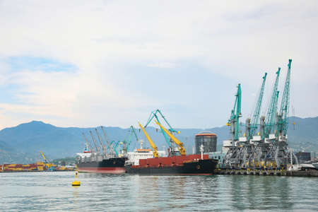 Shipyard with cranes and vessels on water
