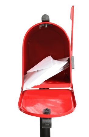 Open red letter box with correspondence on white backgroundの写真素材