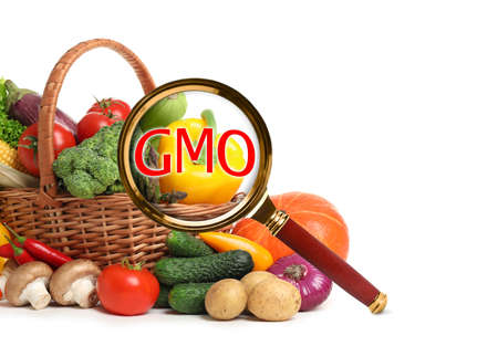 View through magnifying glass on fresh vegetables against white background. GMO concept