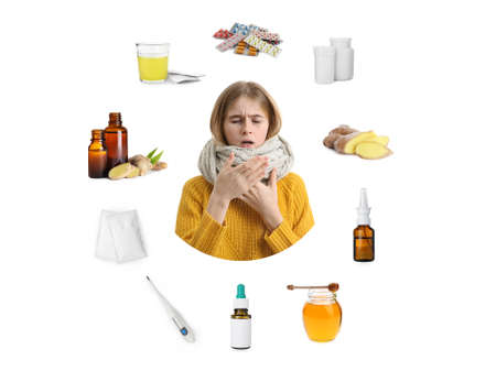 SIck teenage girl surrounded by different drugs and products for illness treatment on white backgroundの写真素材
