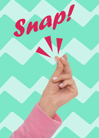 Woman snapping fingers on color background, closeup