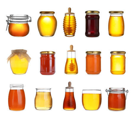 Set with tasty natural honey on white backgroundの写真素材