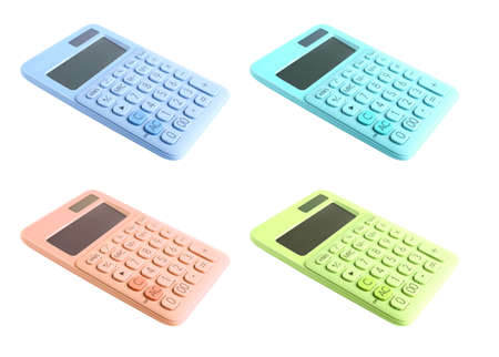 Set of different calculators on white backgroundの写真素材