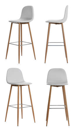 Set with stylish bar stools on white backgroundの写真素材