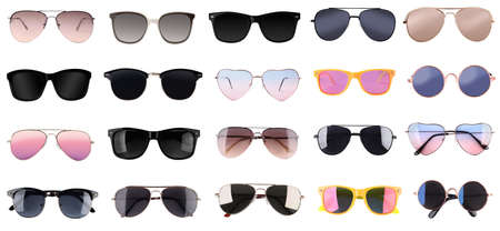 Set with different stylish sunglasses on white background. banner designの写真素材