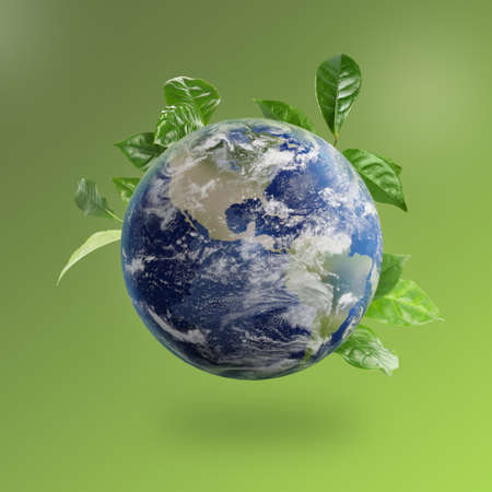 Recycling concept. Earth planet with green leaves on color background