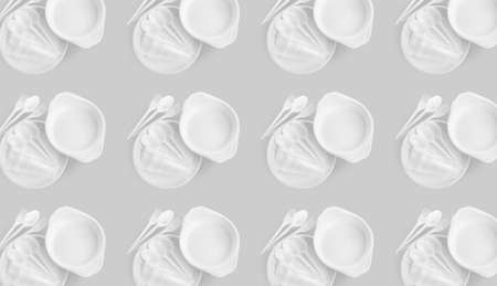 Many disposable tableware on light gray background, flat lay. Seamless pattern design