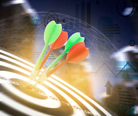 Darts hitting target on board, graph illustration and blurred of view cityscapeの写真素材