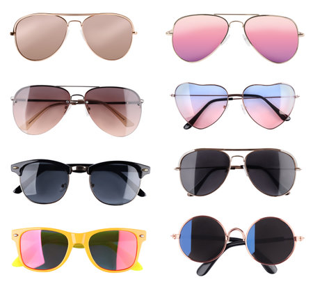 Set with different stylish sunglasses on white backgroundの写真素材