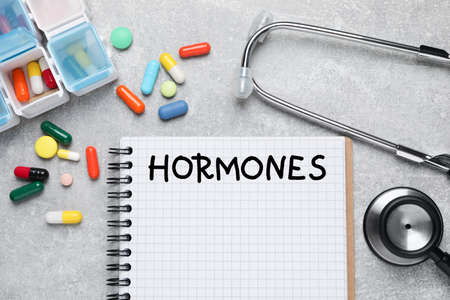 Notebook with word HORMONES, stethoscope and pills on gray table, flat layの写真素材