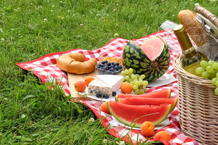 Picnic blanket with delicious food and wine outdoors on summer dayの写真素材