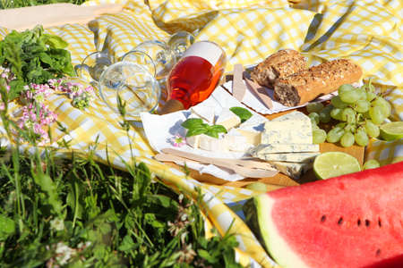 Picnic blanket with delicious food and wine on green grass outdoors, closeupの写真素材