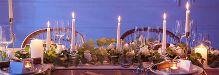 Festive table setting with beautiful tableware and decor indoors. banner design