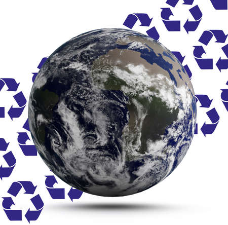 Illustration of recycling symbols and Earth on white background