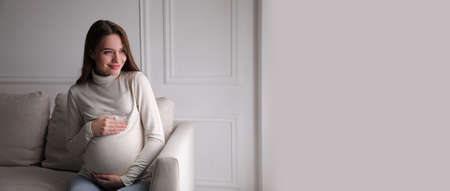 Young pregnant woman sitting on sofa at home, space for text. banner design