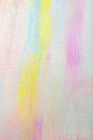 Strokes of different pastel acrylic paints on white canvas, closeupの写真素材