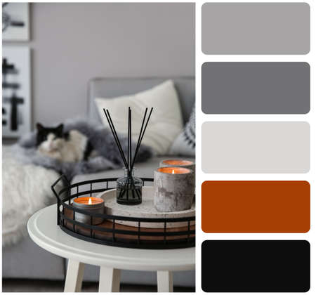 Color palette and photo of candles and aroma reed diffuser on white table near gray sofa. Collageの写真素材