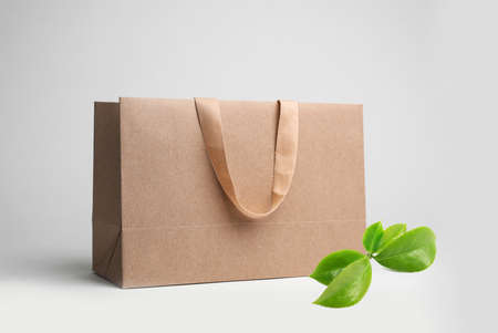 Paper shopping bag and green leaves on white background. Eco-friendly lifestyleの写真素材