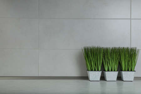 Artificial plants in pots on wooden table, space for textの写真素材