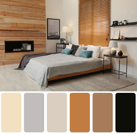 Color palette and photo of stylish bedroom interior. Collageの写真素材