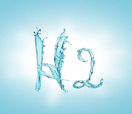 Chemical formula H2 made of water on light blue backgroundの写真素材