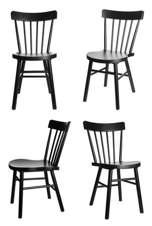 Set with stylish black chairs on white backgroundの写真素材