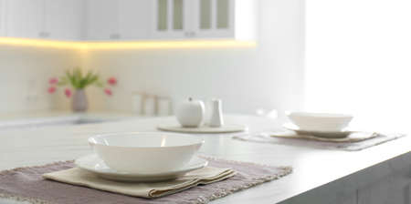 Elegant table setting on table in kitchen. banner designの写真素材
