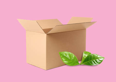 Open cardboard box and green leaves on pink background. Eco-friendly lifestyleの写真素材