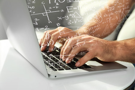 Science and education concept. Illustration of basic physics and mathematics formulas and man...