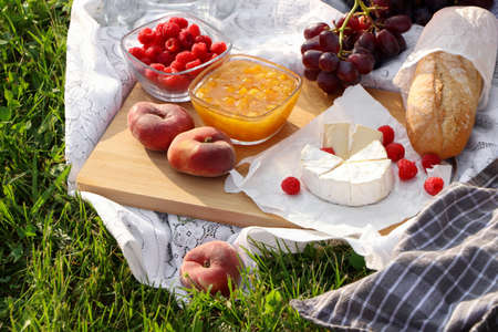 Picnic blanket with tasty food on green grass outdoorsの写真素材