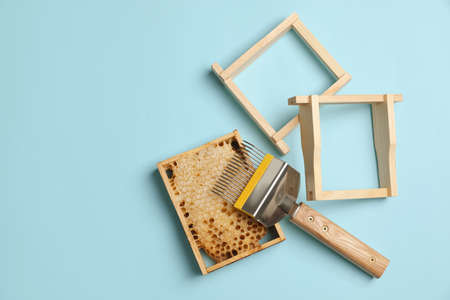 Honeycomb, frames and uncapping fork on light blue background, flat lay with space for text....