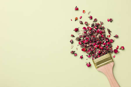 Creative flat lay composition with paint brush and dried rose buds on light green background. Space...