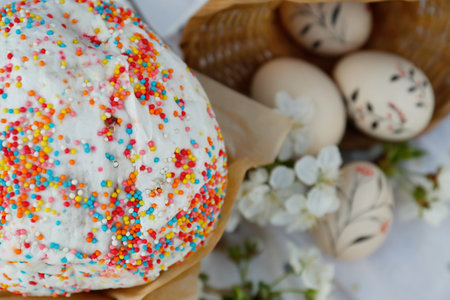 Kulich for Easter and eggs on cloth, above viewの素材 [FY310189327428]