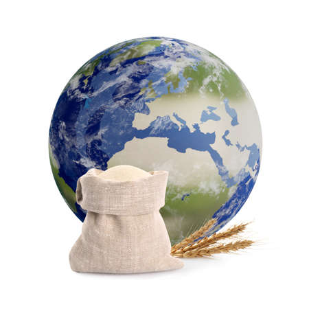 global food crisis concept. Globe of Earth, flour in bag and cereal spikes on white backgroundの写真素材