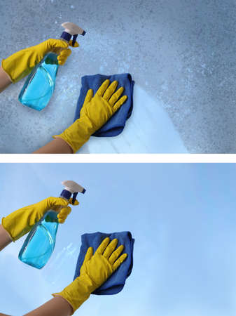 Collage with photos of window before and after cleaningの写真素材