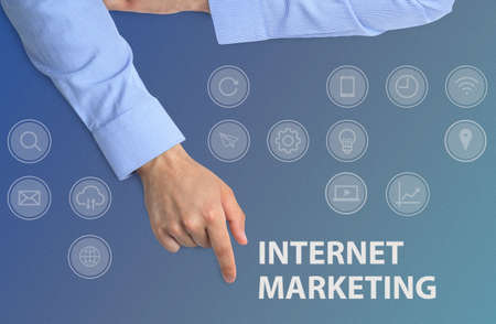 internet marketing. Different icons and businessman on light blue background, top viewの写真素材